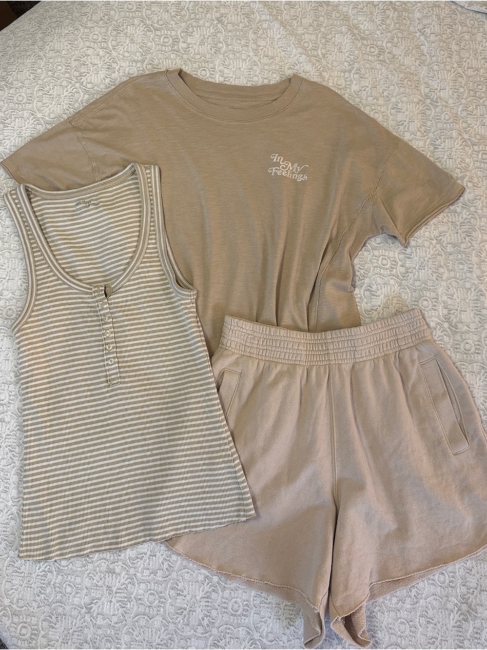 Aerie Beige Lounge Set - Tee, Tank & Shorts